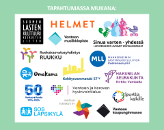 Kuva, jossa lueteltu mukana olevat toimijat. Muun muassa Helmet, Vantaan ja Keravan Hyvinvointialue, OmaKamu, Kvtuki57ry, MLL, Vantaan musiikkiopisto.