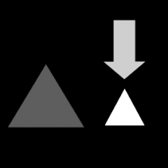 Mustalla pohjalla iso tummanharmaa kolmio ja pieni valkoinen kolmio. Vaaleanharmaa nuoli osoittaa pientä kolmiota.