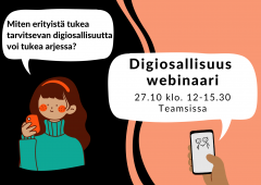 Mainos Digiosallisuus-webinaarista, jossa piirretty hahmo ja käsi, joka pitelee puhelinta.