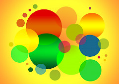 Värikkäitä piirrettyjä ympyröitä keltaisella pohjalla.