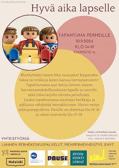 Mainoskuva tapahtumasta. Kolme legohahmoa, pallojen sisällä tekstiä. Yhdistysten logoja alareunassa. Keltaista ja vaaleanpunaista.