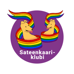 kaksi sateenkaarilippujen ympäröimää koiraa