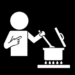 ihmishahmolla on kädessän kauha jolla sekoittaa kattilaa