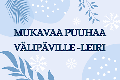 Teksti mukavaa puuhaa välipäiville -leiri. Taustalla lumihiutaleita ja sinisiä oksia.