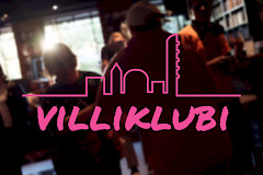 Viiliklubiteksti kaupunkilogon alla, taustalla ihmisiä baarissa