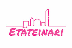 Pinkki etäteinari-teksti. Taustalla kaupunkisiluetti.