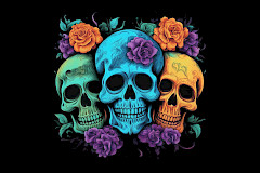 kolme värikästä pääkalloa ruusujen keskellä