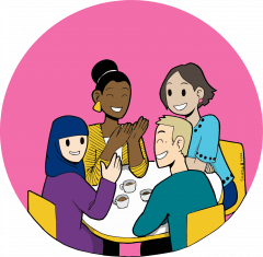 Animaatiokuva, jossa neljä aikuista pöydän ympärillä. Yksi aikuisista on mies ja kolme naista. Yhdellä naisella on huivi.