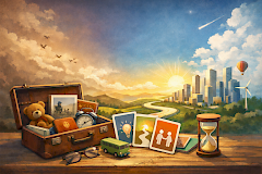 Piirretty kuva matkalaukusta, pilvistä, korteista, tiimalasista ja rakennuksista.