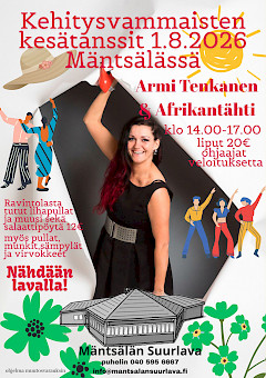 Laulaja, tanssijoita ja kuva Mäntsälän suurlavasta. Ympärillä tekstiä.