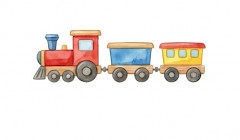 Piirroskuva puisesta veturista ja kahdesta junavaunusta.