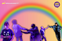 Sateenkaaren alla viisi erilaista ihmistä. Vekkari ja Kehitysvammatuki 57 ry:n logot.