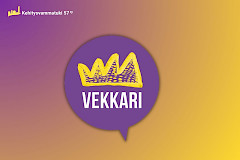Vekkarin logo. Puhekuplan sisällä kruunu ja teksti Vekkari.