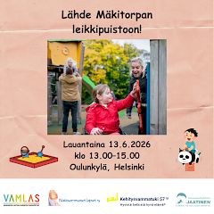 Kuvassa kaksi lasta puistossa. Toisella on punainen takki ja hän osoittaa taulua. Toisella beige takki ja hän seisoo. Kuvassa tekstiä liittyen tapahtumaan ja yhteistyöjärjestöjen logot.