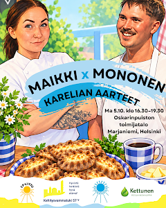 Kuvassa kaksi kokkia ja karjalanpiirakoita. Kuvassa mainostetaan tapahtumaa.
