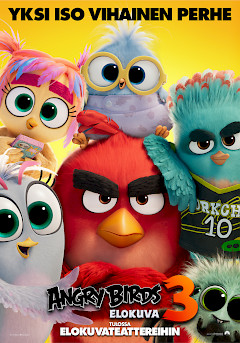 Kuva, jossa Angry Birds hahmot. Keskellä punainen iso lintu ja ympärillä eri värisiä muita piirrettyjä lintuja. Pohja on keltainen.